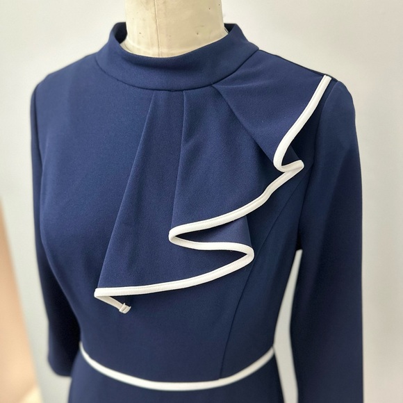 NWT Glamour Navy Tipped Scuba Crepe Ruffle Neck Sheath - Picture 2 of 7